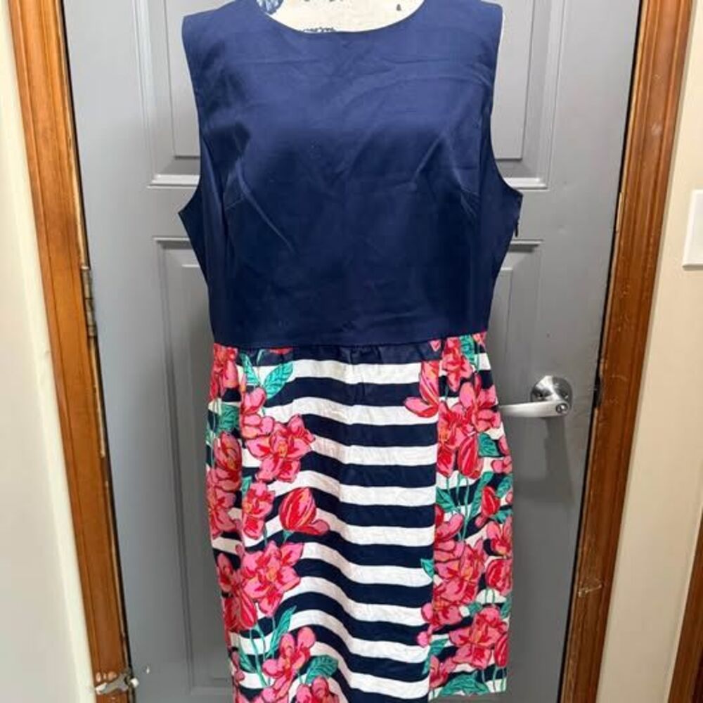 Vineyard vines- navy white stripe, pink floral sleeveless dress (size 16)